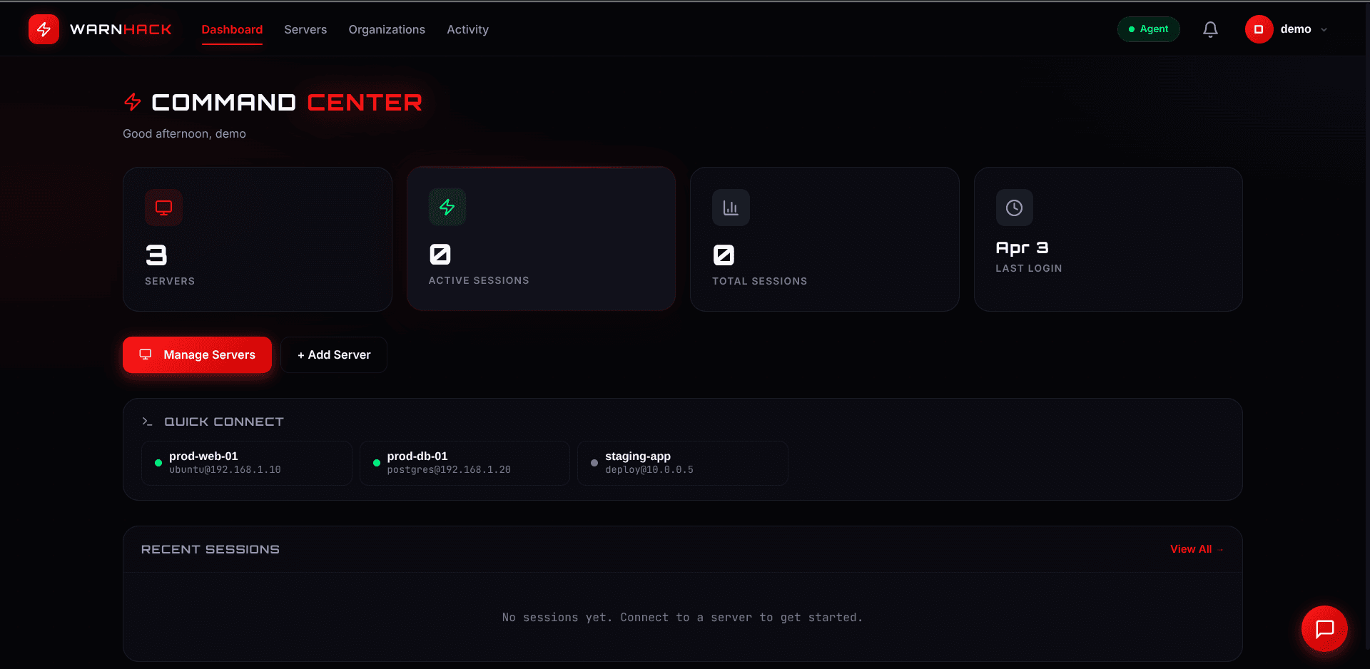 WarnHack Terminal Command Center — browser-based SSH dashboard showing server management, active sessions, and quick connect