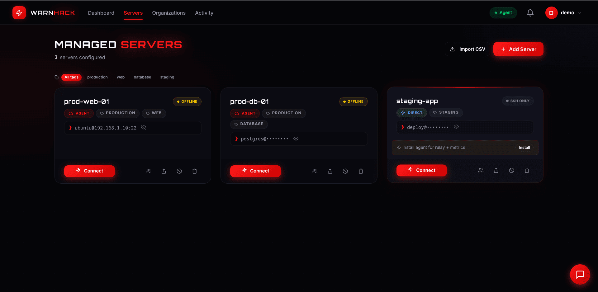 WarnHack Terminal managed servers view — server cards with tags, connection type, and one-click Connect button