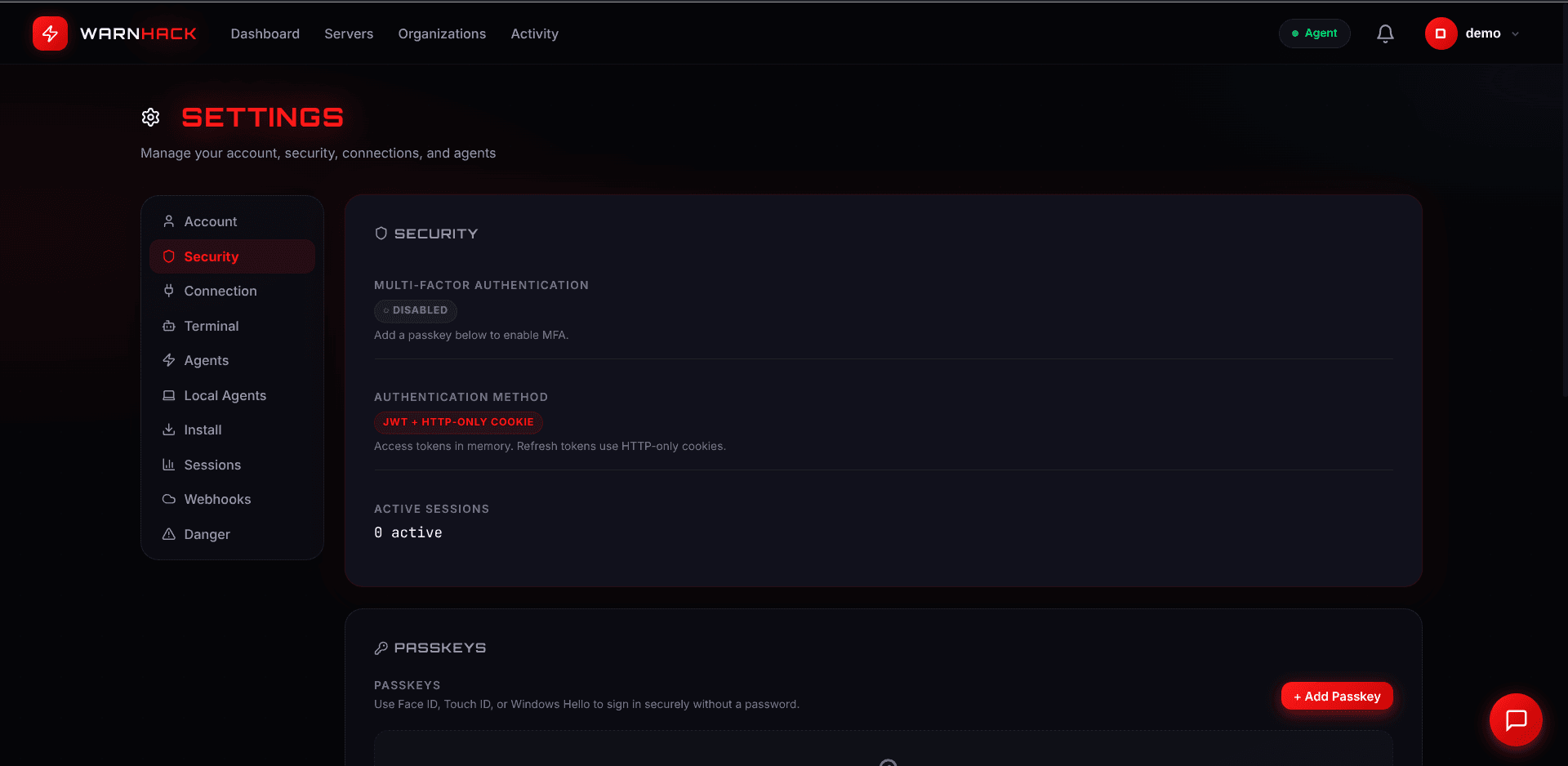 WarnHack Terminal security settings — MFA configuration, JWT authentication method, passkeys, and active session management