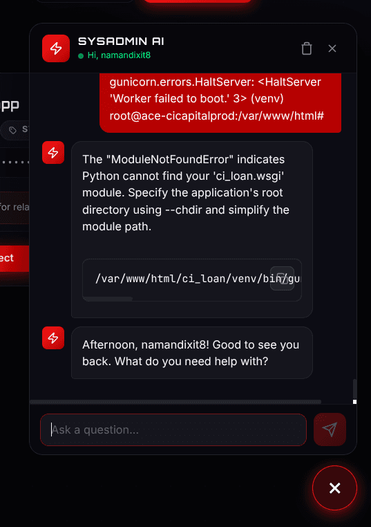 WarnHack Sysadmin AI assistant — AI chat interface diagnosing a gunicorn server error and providing exact fix commands