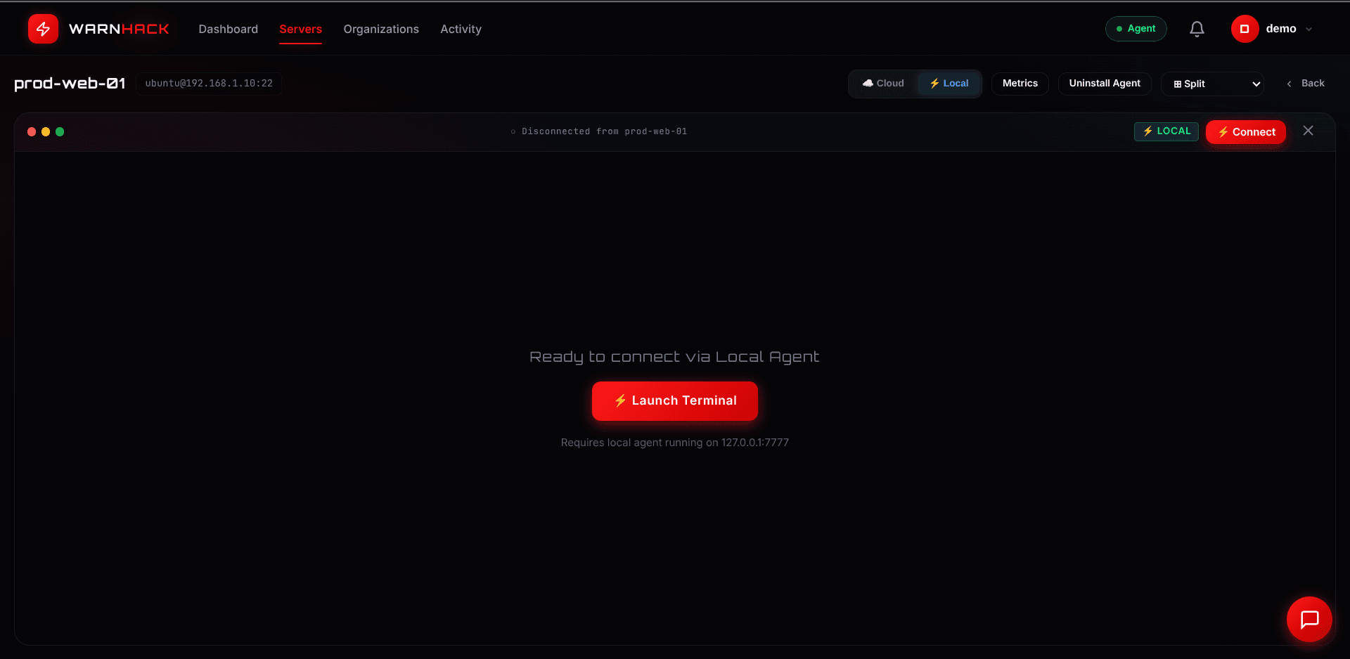 WarnHack browser SSH terminal — Launch Terminal screen showing cloud and local agent connection modes